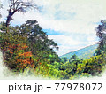 Abstract colorful mountain and field landscape on watercolor illustration painting background. 77978072