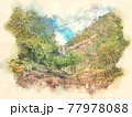 Abstract colorful mountain and field landscape on watercolor illustration painting background.	 77978088
