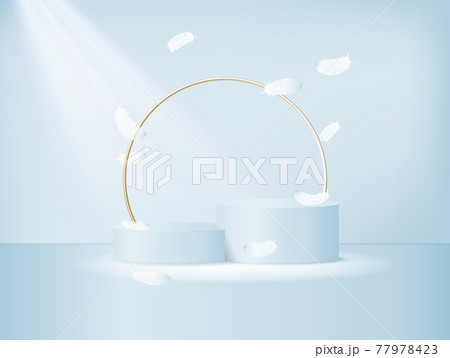 Blank product stand with neon lights on pastel blue and white background. 3d rendering Blank product stand with neon lights on pastel blue and white background. 3d rendering 77978423