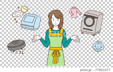 時短家電を使って笑顔になる主婦のイラストのイラスト素材