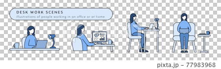 デスクワーク中の女性のイラストセット　仕事　ビジネス　パソコン　リモートワーク　PC　働く　人物 77983968
