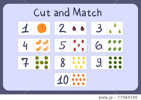 Flash cards with numbers for kids, set 5. Cut and match pictures with numbers and fruits. Illustration for educational math game design. Printable worksheet. Flash cards with numbers for kids, set 5. Cut and match pictures with numbers and fruits. Illustration for educational math game design. Printable worksheet. 77984590