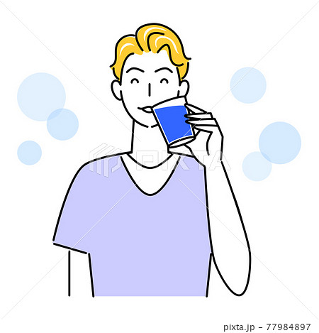 熱中症対策 水分補給のためにグラスコップで水を飲んでいる可愛い男性 イラスト シンプル ベクターのイラスト素材