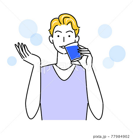 熱中症対策 水分補給のためにグラスコップで水を飲んでいる可愛い男性 イラスト シンプル ベクターのイラスト素材