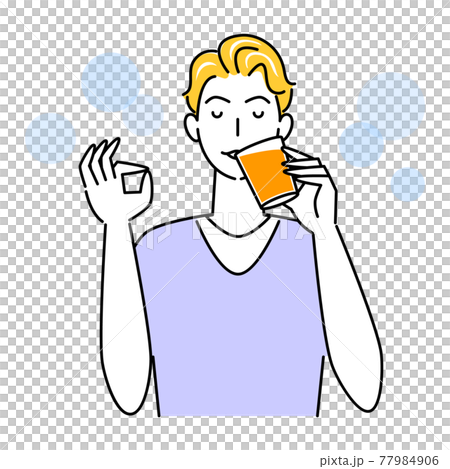 熱中症対策 水分補給のためにオレンジジュースを飲んでいる可愛い男性 イラスト シンプル ベクターのイラスト素材