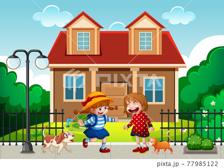 Two children standing in front of the house Two children standing in front of the house 77985122