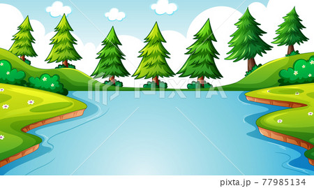 Nature forest landscape at daytime scene with long river flowing through the meadow 77985134