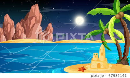 Beach at night time landscape scene with palm...のイラスト素材 [77985141] - PIXTA