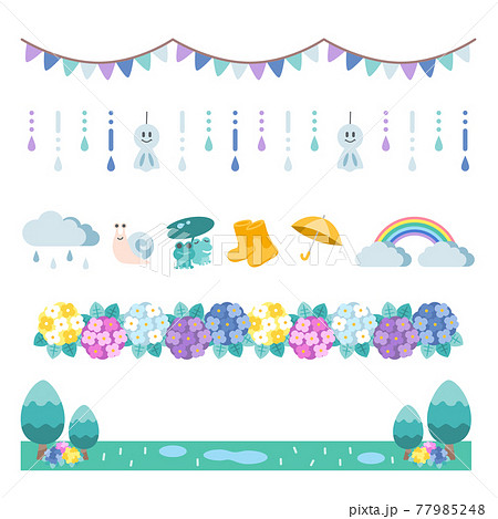 紫陽花やカエルなど梅雨イメージのラインのイラスト素材