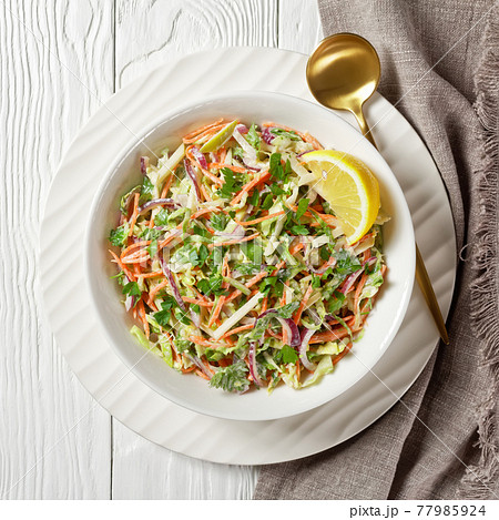 juicy low calorie coleslaw salad, top view 77985924