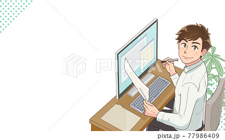 机に向って作業する若い男性のイラスト素材