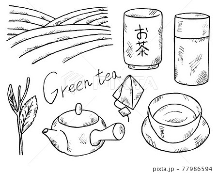 お茶や緑茶の白黒手書きイラストイメージのイラスト素材