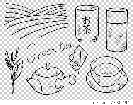 お茶や緑茶の白黒手書きイラストイメージのイラスト素材