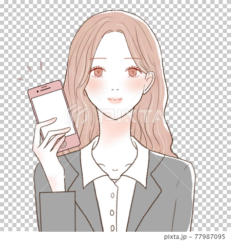 A woman in a suit holding a smartphone 77987095