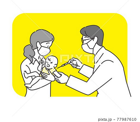 予防接種 ワクチン接種を受ける赤ちゃん 母親 注射を打つ男性医師のイラスト ベクターのイラスト素材