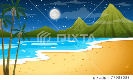 Beach at night time landscape scene with palm treeのイラスト素材 [77988083 ...