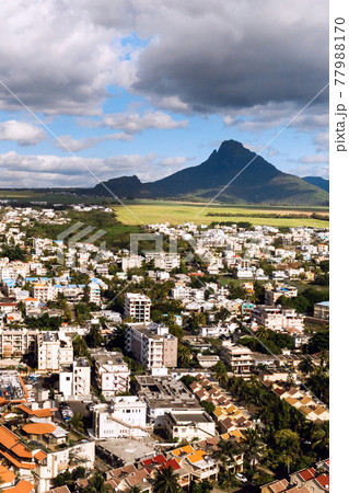 Panoramic view from above of the town and mountains on the island of Mauritius, Mauritius Island 77988170