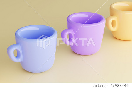 Set blank modern for coffee or tea cups on isolated yellow background. Collection of colored ceramic mugs, clean porcelain dishes, realistic 3d illustration trendy cute crockery for water and drink 77988446