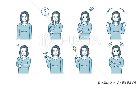 中高年の女性　主婦　仕草　ポーズ　バリエーション　セット　ミドル　イラスト素材 77989274