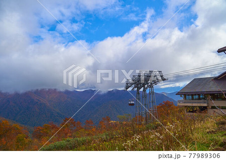 秋の群馬県 谷川岳ロープウェイ付近の登山道からロープウェイ天神平駅を見るの写真素材