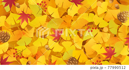 イチョウと紅葉と松ぼっくりなどの秋のベクターイラスト背景(落ち葉、どんぐり、絨毯) 77990512