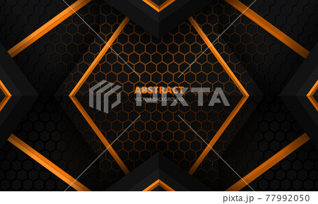 Futuristic black and orange abstract gaming banner with hexagon carbon fiber grid and black triangles. Futuristic black and orange abstract gaming banner with hexagon carbon fiber grid and black triangles. 77992050