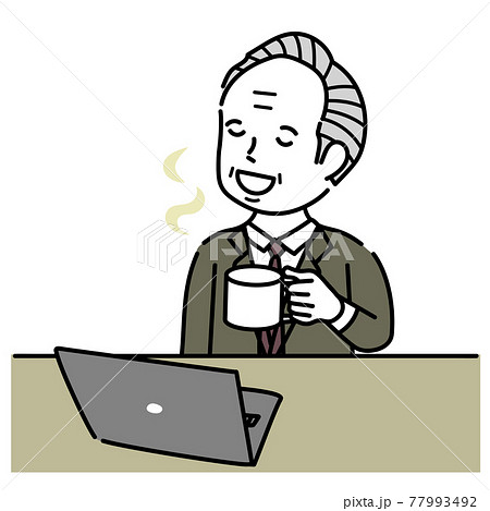 ノートパソコンで仕事中にリラックスするシニア男性イラスト素材のイラスト素材