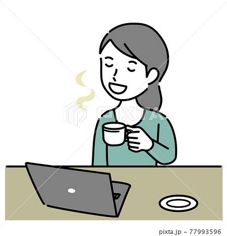 ノートパソコンで仕事中にリラックスする成人女性イラスト素材のイラスト素材