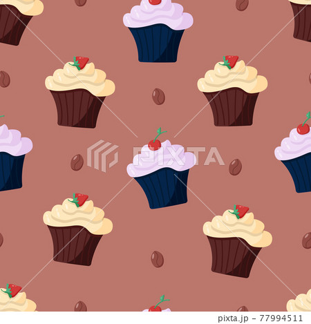 Seamless pattern with chocolate cupcakes with cream and berries. Vector illustration of a sweet dessert. 77994511