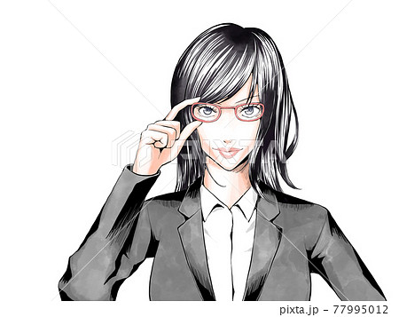 漫画風カラー メガネを触るスーツのol女 横のイラスト素材