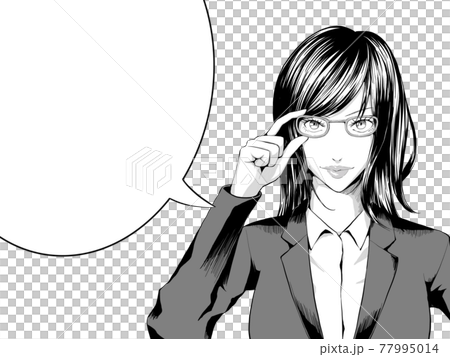 漫画風_メガネを触るスーツのOL女_横_吹き出し 77995014