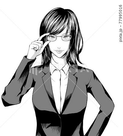 漫画風 メガネを触るスーツのol女 縦のイラスト素材