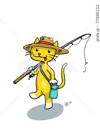 釣り竿を持って歩いているネコのイラストのイラスト素材