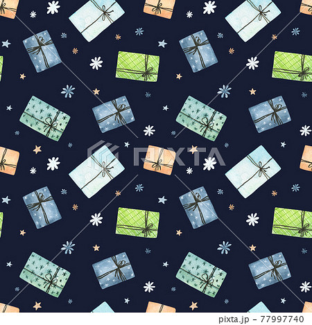 Watercolor christmas seamless pattern with present boxes isolated on dark background. Can be used for wrapping paper, textile, wallpaper, cards. Watercolor christmas seamless pattern with present boxes isolated on dark background. Can be used for wrapping paper, textile, wallpaper, cards. 77997740