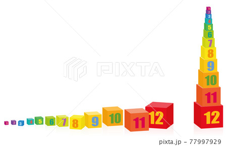 Numbered cube toy tower before and after building. Set of 12 colorful cubes sorted by size and rainbow colors, lying around and stacked on top of each other. Vector illustration on white. Numbered cube toy tower before and after building. Set of 12 colorful cubes sorted by size and rainbow colors, lying around and stacked on top of each other. Vector illustration on white. 77997929