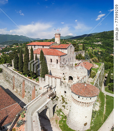 Beautiful view from a drone on the architectural complex of the castle in Brescia city 77999209