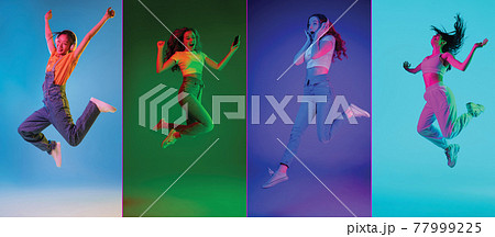 Portraits of group of people on multicolored background, collage. Happy, jumping girls. 77999225