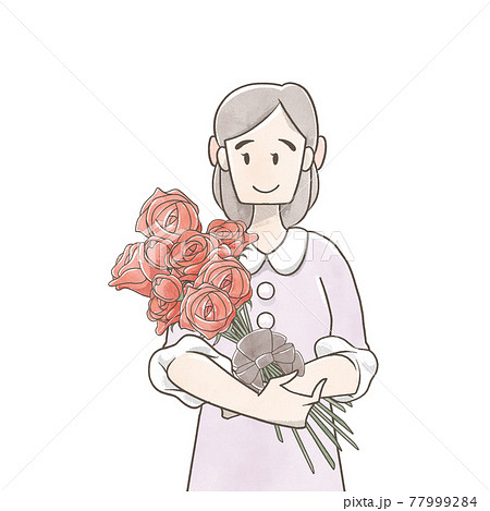 薔薇の花束を持つ女性の手書き水彩風イラストのイラスト素材