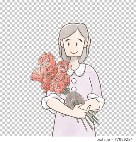 薔薇の花束を持つ女性の手書き水彩風イラストのイラスト素材