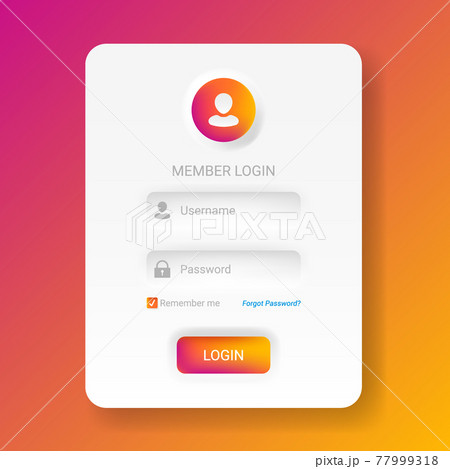 Member login menu in neomorphic or Neomorphism style, modern 2020 minimalistic white design UI UX kit, vector illustration easy to edit. 77999318