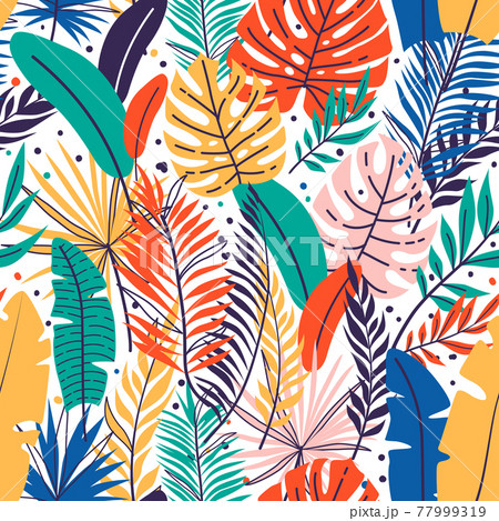 Seamless hand drawn tropical leaves pattern. Floral foliage, palm tree branch. Jungle exotic leaves background Seamless hand drawn tropical leaves pattern. Floral foliage, palm tree branch. Jungle exotic leaves background 77999319