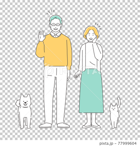 家庭：老夫婦笑著揮手，狗貓，全身 77999604
