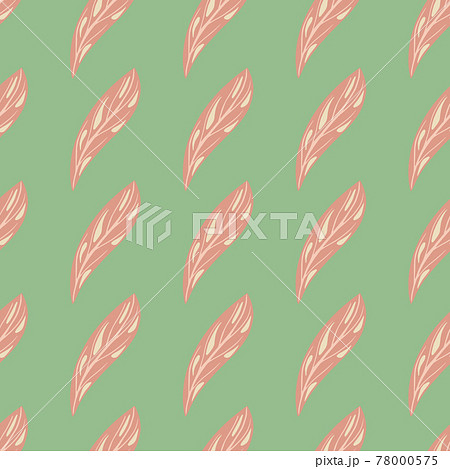 Spring seasonal seamless pattern with pink abstract leaves shapes. Green light background. Hand drawn artwork. 78000575