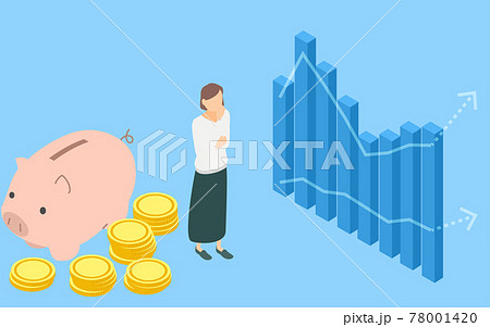 貯金と投資のイメージ、グラフの前で悩む女性と豚の貯金箱とコイン、アイソメトリック 貯金と投資のイメージ、グラフの前で悩む女性と豚の貯金箱とコイン、アイソメトリック 78001420