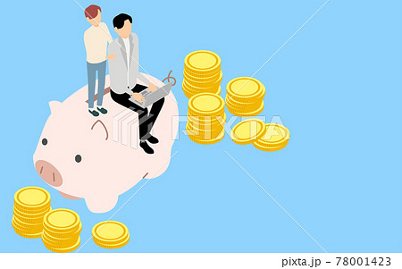 お金の教育イメージ、父親と子供と豚の貯金箱とコイン、アイソメトリック お金の教育イメージ、父親と子供と豚の貯金箱とコイン、アイソメトリック 78001423