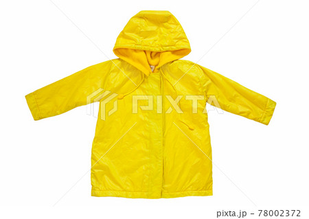Yellow raincoat on white background isolated. Happy funny kids outwear autumn style clothes. Happy rainy day concept 78002372