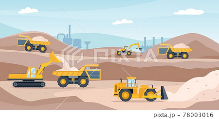 Quarry landscape. Sand pit with heavy mining equipment, bulldozer, digger, trucks, excavator and factory. Open mine industry vector concept Quarry landscape. Sand pit with heavy mining equipment, bulldozer, digger, trucks, excavator and factory. Open mine industry vector concept 78003016