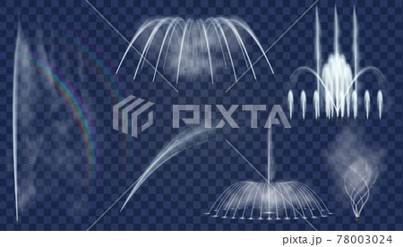 Realistic fountain. 3d decorative water jets and curved sprays cascade for park. Fountains combination, aqua splashes and streams vector set Realistic fountain. 3d decorative water jets and curved sprays cascade for park. Fountains combination, aqua splashes and streams vector set 78003024