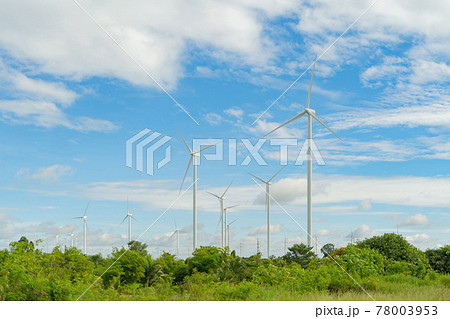 Wind turbines or windmills farm field in industry factory. Power, sustainable green clean energy, and environment concept. Nature innovation. Wind turbines or windmills farm field in industry factory. Power, sustainable green clean energy, and environment concept. Nature innovation. 78003953