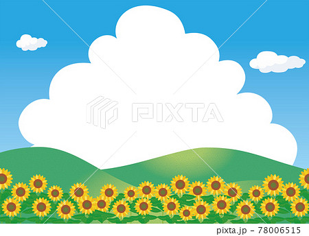 夏のイメージのイラスト自然背景素材 向日葵ヒマワリ畑と青空と白い雲入道雲文字スペースのイラスト素材